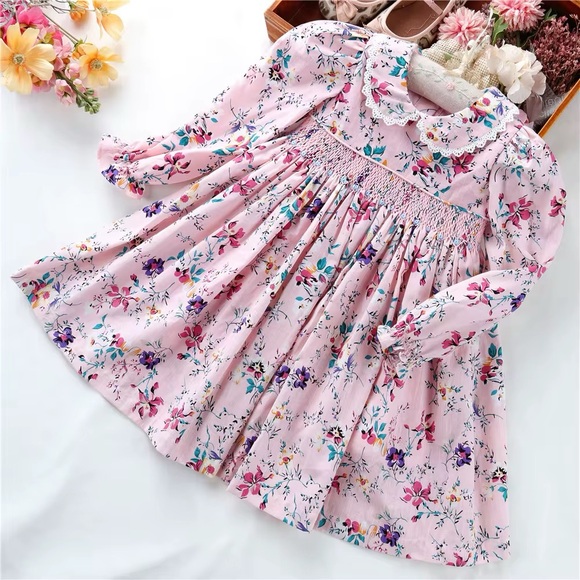 Elegant Pink Floral Kids Smocked Dress for Toddler Girls